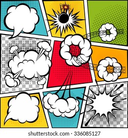 Comic speech bubbles burst the boom on a colored background, band, bomb, splash vector illustration