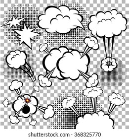 Comic speech bubbles burst the boom, band, bomb a colorless background