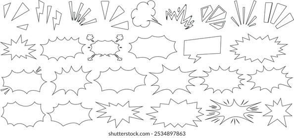 Bolhas de fala cômicas, explosões e formas de nuvens em contornos pretos. Perfeito para desenhos de tiras de quadrinhos, desenhos animados e arte gráfica. Elementos versáteis para contar histórias dinâmicas, ação