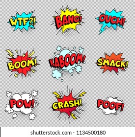 Comic speech bubbles. Cartoon explosions text balloons. Wtf bang ouch boom smack pow crash poof popping color burst comics expression retro vector shapes isolated sign collection