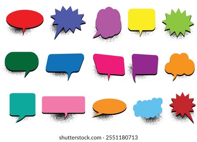 Comic speech bubbles, chatting, message box icon, vector. Set of colorful speech blank bubbles. Collection of speech bubbles, text boxes icon with halftone effect. Vector illustration.