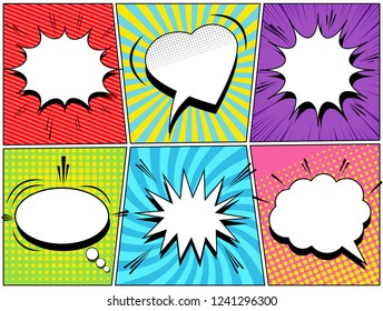 Comic speech bubbles collection with white clouds of different shapes sound radial rays and halftone effects. Vector illustration