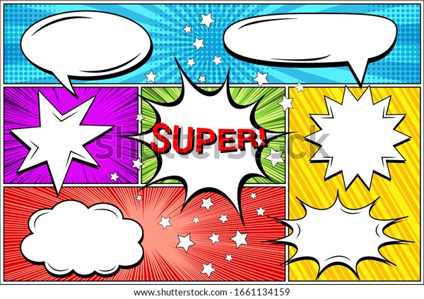 Comic speech bubbles composition with Super\
wording blank clouds of various shapes stars on colorful pop art\
backgrounds. Vector\
illustration