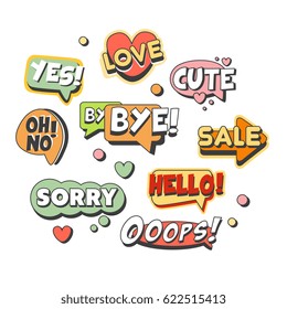 Comic speech bubbles for different emotions and sound effects set for label design. Speech bubbles with short messages. Colorful cartoon detailed