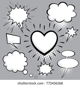  Comic speech bubbles and elements with halftone shadows.Blank text comic black speech bubbles in pop art style