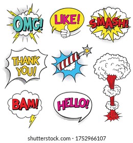 Comic-Sprachblasen mit Ausrufen. Sticker-Comics-Set