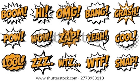 Comic Speech Bubbles Explosion Pop Art Words BOOM POW WOW Retro Halftone Typography Set