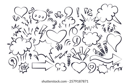 Comic Speech Bubbles and Expression Symbols. Hand drawn comic speech bubbles, explosion effects, arrows, and punctuation marks. Doodle elements set for design, comic books, posters, and digital art.