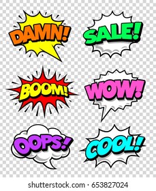 Comic speech bubbles with expression tags and sound effects. Bright dynamic pop art design elements on transparency background. Vector illustration.