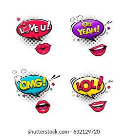 Comic speech bubbles and female lips set with different emotions and text Love you, Oh my God, Oh Yeah, Lol. Vector colorful dynamic cartoon illustrations isolated on white background.