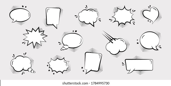 Comic speech bubbles with halftone dots and stars, hand drawn cartoon balloons. Sound effects in pop art style. Vector illustration