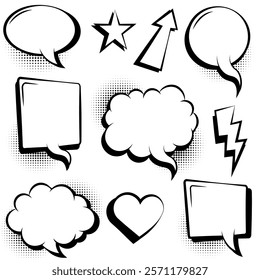 	
Comic speech bubbles with halftone set template	