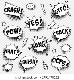 Comic speech bubbles with halftone shadow and text phrase. Vector hand drawn retro cartoon stickers. Pop art style.