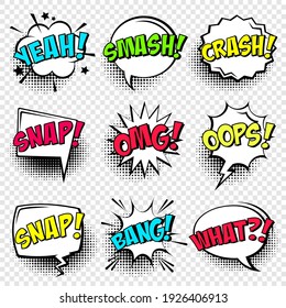 Comic speech bubbles with halftone shadow and text phrase. Vector hand drawn retro cartoon stickers. Pop art style.