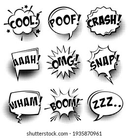 Comic speech bubbles with halftone shadows and text isolated on white background. Hand drawn retro cartoon stickers. Pop art style. Vector illustration.