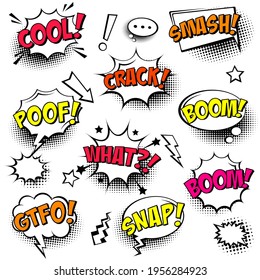 Comische Sprachblasen mit Halftonschatten und rotem oder gelbem Text einzeln auf weißem Hintergrund. Handgezeichnete Retro-Cartoon-Aufkleber. Pop Art Stil. Vektorgrafik.