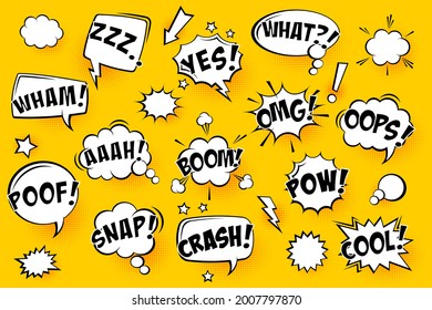 Comische Sprachblasen mit halftonischen Schatten und Text auf gelbem Hintergrund. Handgezeichnete Retro-Cartoon-Aufkleber. Pop Art Stil. Vektorgrafik.