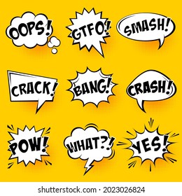 Comic speech bubbles with halftone shadows and text on yellow background. Hand drawn retro cartoon stickers. Pop art style. Vector illustration.