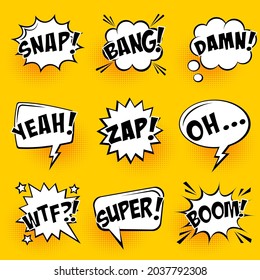 Comic speech bubbles with halftone shadows and text on yellow background. Hand drawn retro cartoon stickers. Pop art style. Vector illustration.