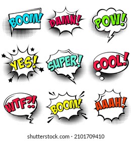 Comic speech bubbles with halftone shadows and colorful red, gree, blue text isolated on white background. Hand drawn retro cartoon stickers. Pop art style. Vector illustration.