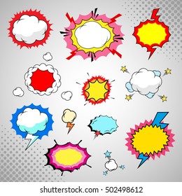 Comic speech bubbles, halftone texture, vector design elements