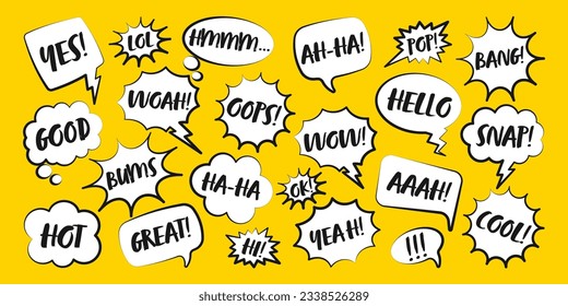 Comic speech bubbles with handwritten text. Outline, hand drawn retro cartoon stickers on yellow background. Chatting and communication, dialog elements. Pop art style. Vector illustration