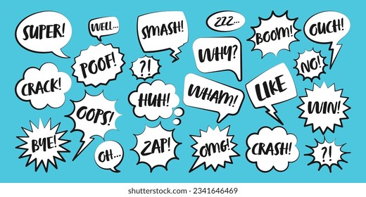 Comic speech bubbles with handwritten text. Outline, hand drawn retro cartoon stickers on blue background. Chatting and communication, dialog elements. Pop art style. Vector illustration