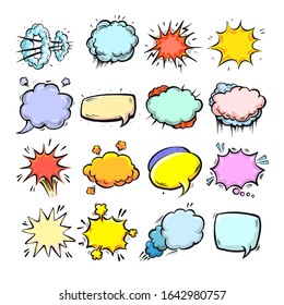 Comic speech bubbles isolated, cute hand drawn cartoon style vector