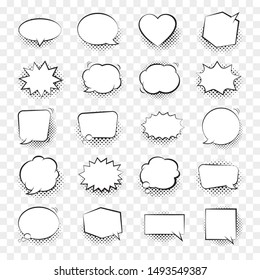 Comic speech bubbles isolated with halftone shadows on transparent background.
