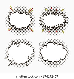 Comic speech bubbles on dots halftone background with stars and lightnings. Sketch of  empty dialog effects in pop art style. Vector illustration.