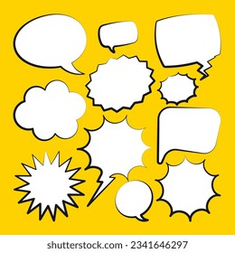 Burbujas de humor. Esbozo, pegatinas retro dibujadas a mano sobre fondo amarillo. Charlas y comunicación, elementos de diálogo. Estilo de arte pop. Ilustración del vector