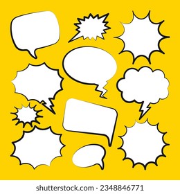 Comic speech bubbles. Outline, hand drawn retro cartoon stickers on yellow background. Chatting and communication, dialog elements. Pop art style. Vector illustration