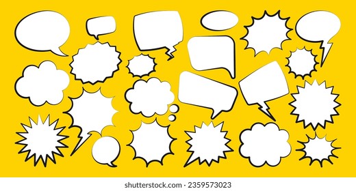 Comic speech bubbles. Outline, hand drawn retro cartoon stickers on yellow background. Chatting and communication, dialog elements. Pop art style. Vector illustration