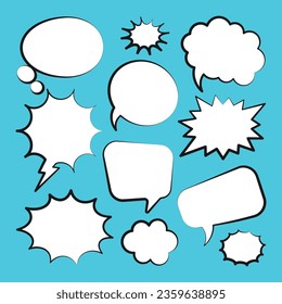 Burbujas de humor. Esbozo, pegatinas retro dibujadas a mano sobre fondo azul. Charlas y comunicación, elementos de diálogo. Estilo de arte pop. Ilustración del vector