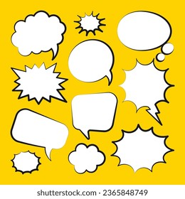 Comic speech bubbles. Outline, hand drawn retro cartoon stickers on yellow background. Chatting and communication, dialog elements. Pop art style. Vector illustration