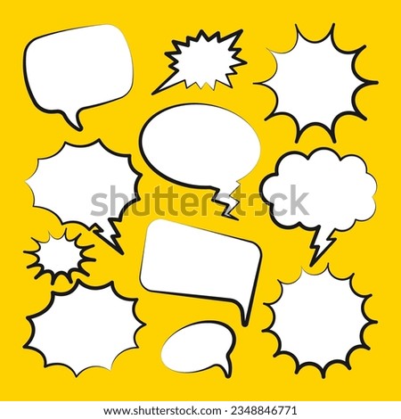 Comic speech bubbles. Outline, hand drawn retro cartoon stickers on yellow background. Chatting and communication, dialog elements. Pop art style. Vector illustration