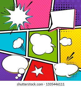 Comic speech bubbles. Pop art vector label illustration. Vintage comics book poster. on pink background. Colored funny font. 