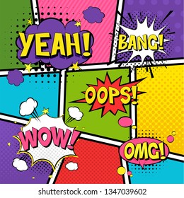 Comic speech bubbles. Pop art vector label illustration. Vintage comics book poster on blue background. Colored funny font. 