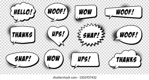 Comic speech bubbles pop art set with typography.  Comic sound effects in pop art style. Vector Illustration