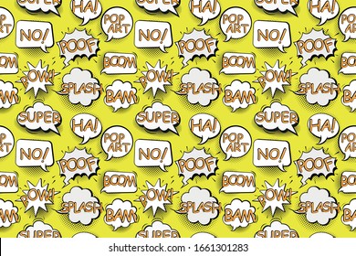 Comic speech bubbles in pop art style with bomb cartoon and explosion text seamless pattern vector illustration