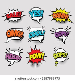 Comic Speech Bubbles Pop Art Vector en conjunto de estilo de medio tono