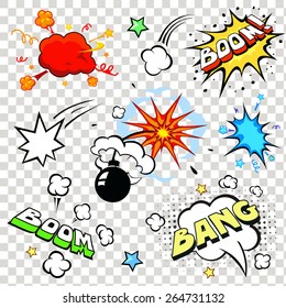 Comic speech bubbles in pop art style with bomb cartoon explosion bang boom text set vector illustration