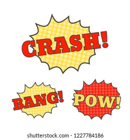 Comic speech bubbles. Pow bang crash vector cartoon bubbles