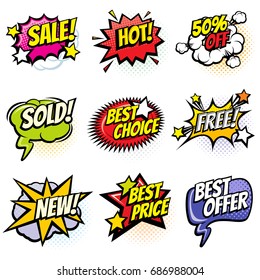 Comic speech bubbles with promo words. Discount, sale and shopping cartoon banners vector set. Discount label and best offer illustration