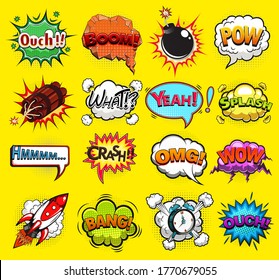 Burlas cómicas de voz gritos, frases, sonidos ilustraciones vectoriales