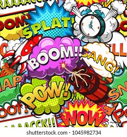Comic speech bubbles seamless pattern. Rocket. Alarm clock. Vector illustration