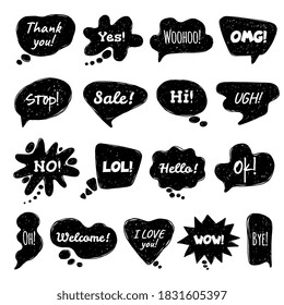 Comic speech bubbles set in black and white with phrases and words, cartoon vector illustration isolated on white background. Hand drawn speech banners.