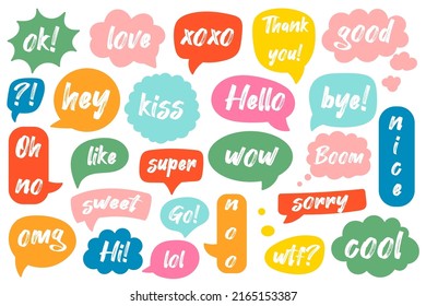 Comic speech bubbles set with chat phrases, funny text. Colorful stickers patches for messaging in mobile app isolated on white background. Vector illustration