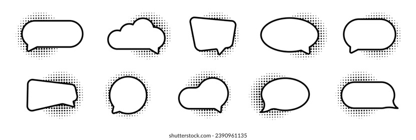 Comic speech bubbles set. Collection of empty comic speech bubbles with halftone shadows. Hand drawn retro cartoon stickers.