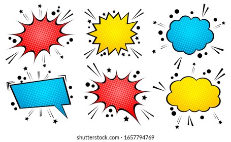 Comic speech bubbles set with colorful blank clouds stars circles halftone and noise effects on white background. Isolated vector illustration